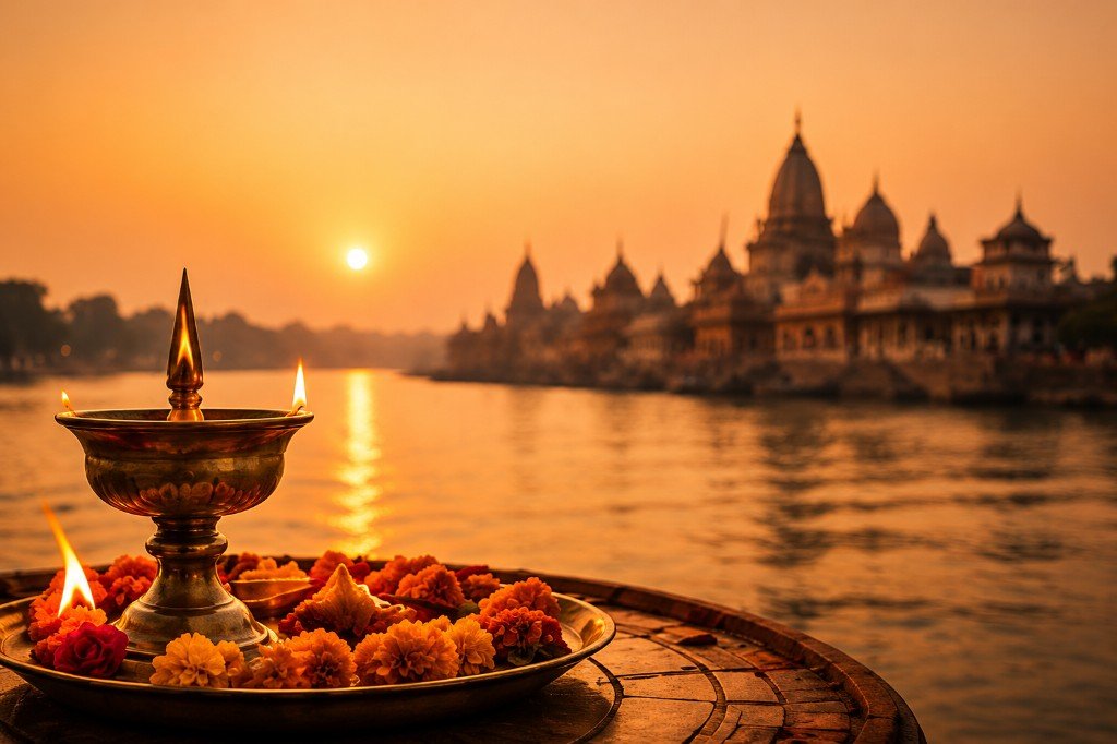 Traditional diya lamp at a sacred riverbank